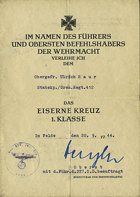Typical document for the Iron Cross 1st Class